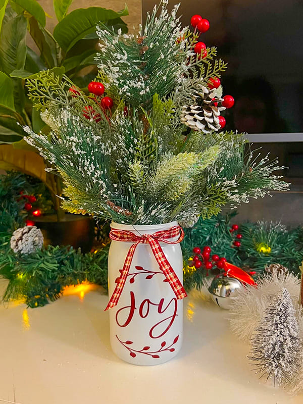 joy decorated christmas mason jars