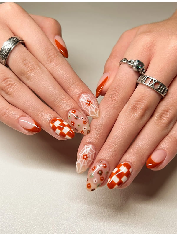orange plaid almond christmas nails
