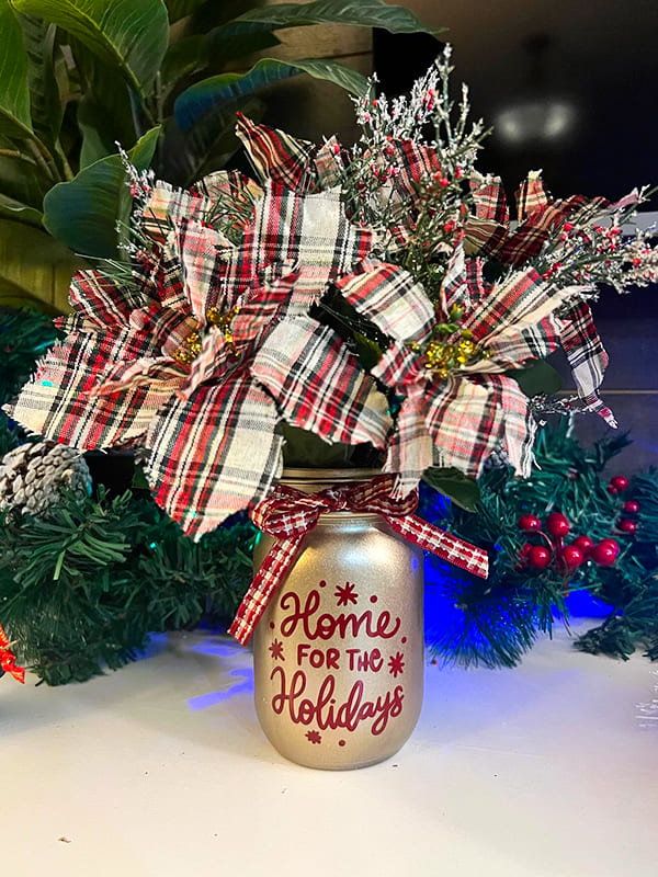 plaid ribbon decorated christmas mason jars