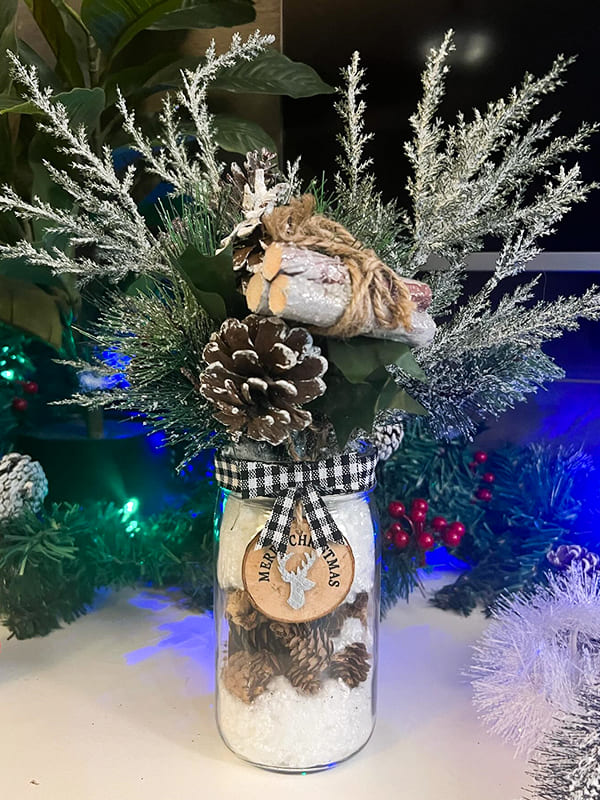 snow pine decorated christmas mason jars
